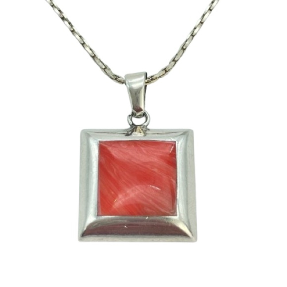 Vintage Silver Square Inlay Pendant Necklace & Chain | 925 Sterling Jewelry